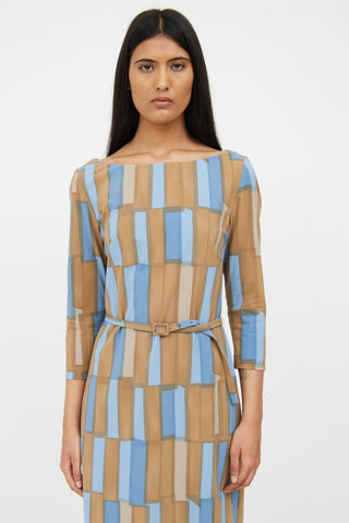 Prada Blue & Brown Belted Pattern Dress