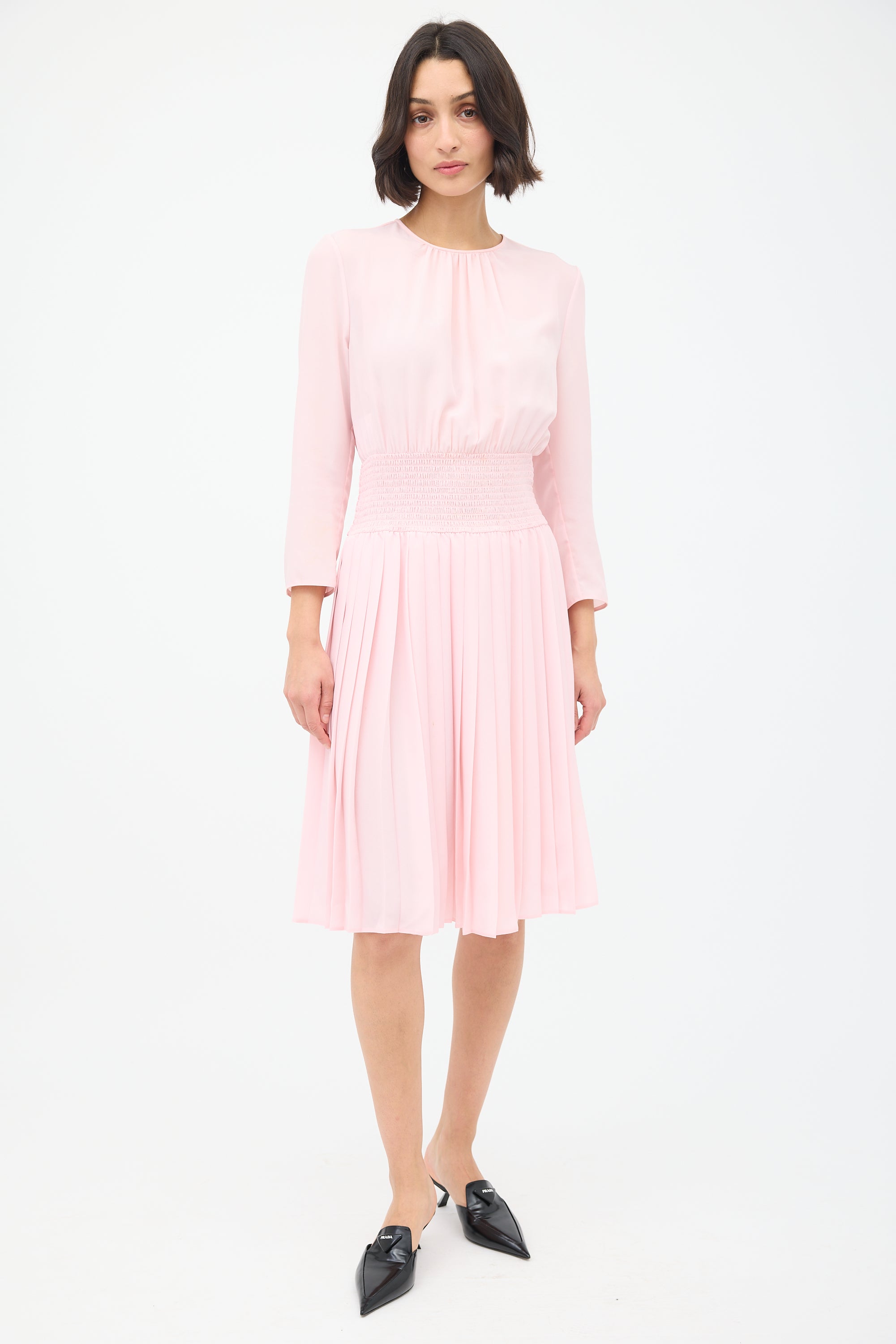 Prada // Smocked & Pleated Midi Dress VSP Consignment Prada // Smocked & Pleated Midi Dress VSP Consignment