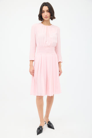 Prada Pink Smocked & Pleated Midi Dress