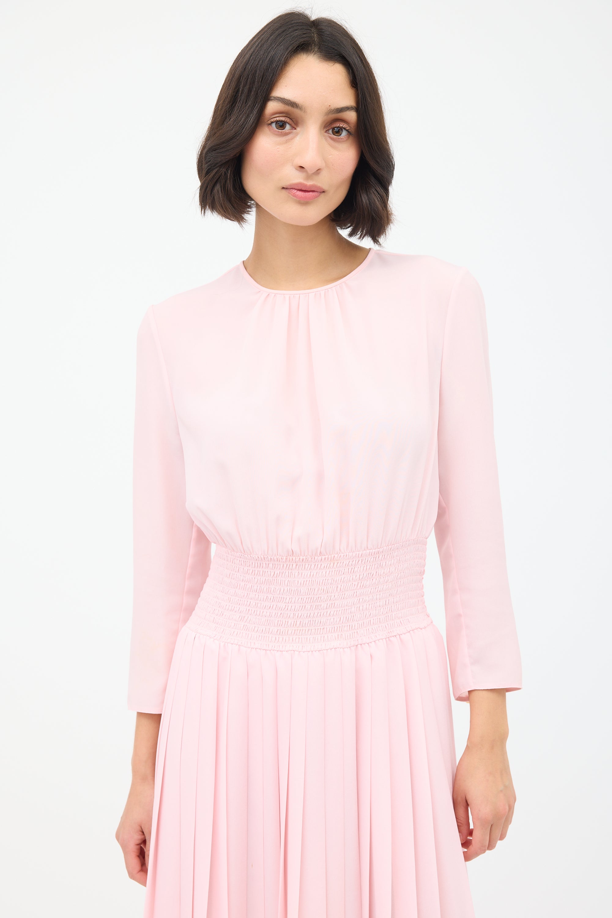 Prada // Smocked & Pleated Midi Dress – VSP Consignment Prada // Smocked & Pleated Midi Dress – VSP Consignment