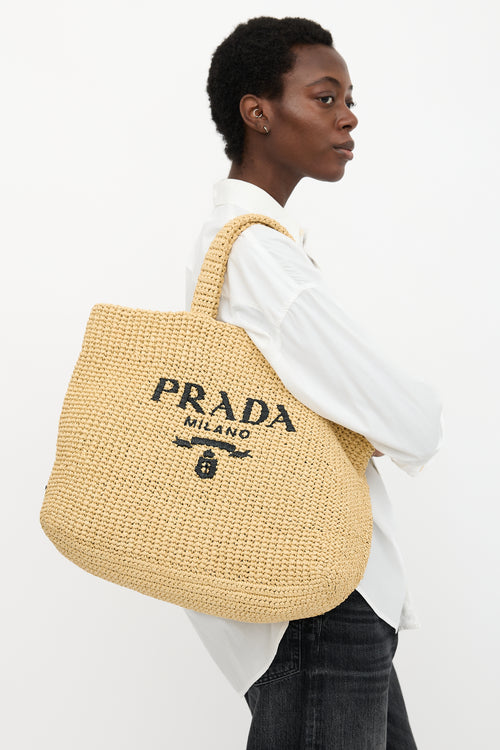 Prada Raffia Crochet Logo Tote Bag