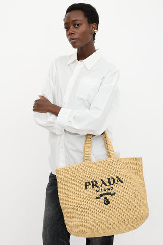 Prada Raffia Crochet Logo Tote Bag