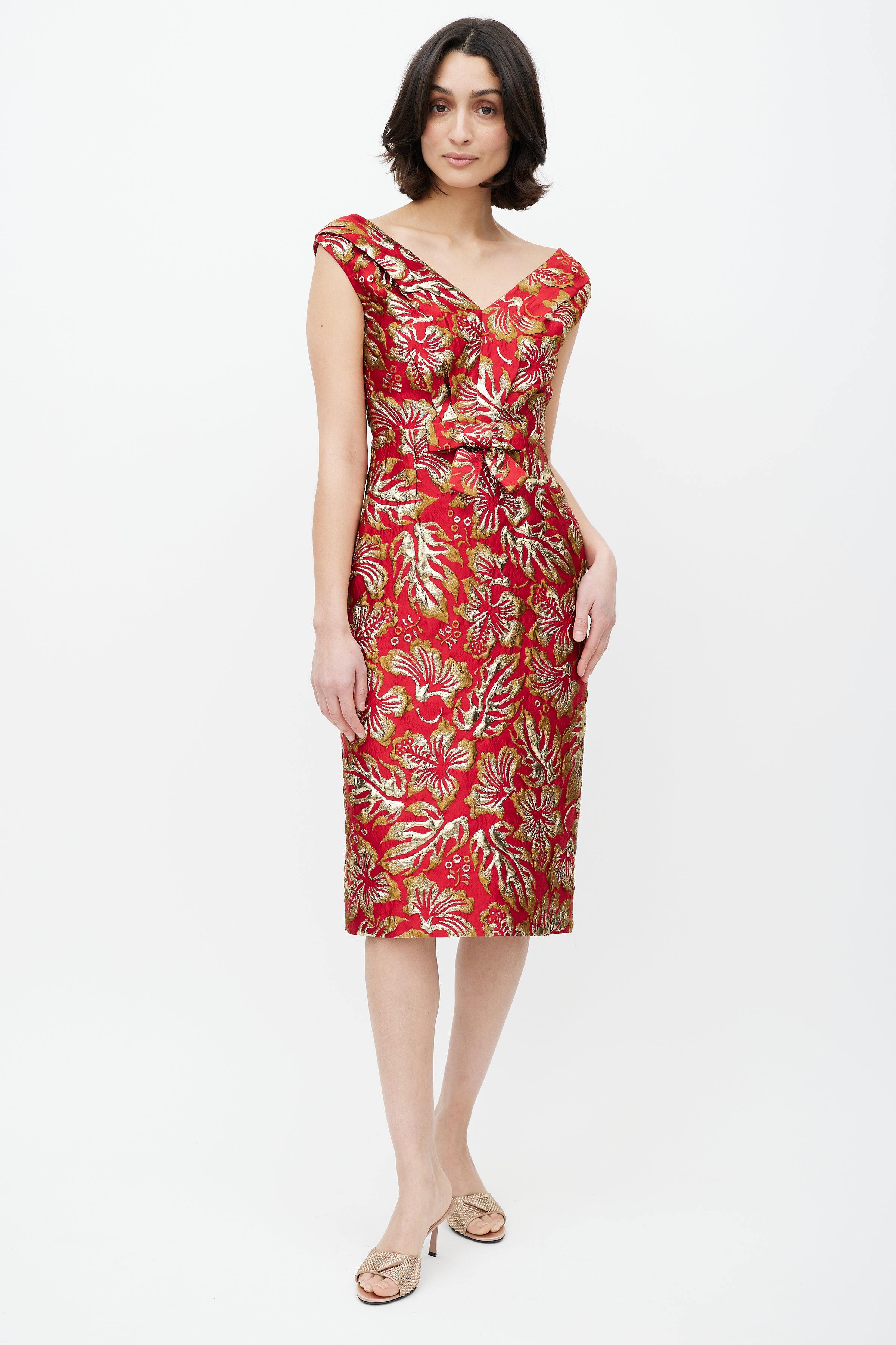 Prada // Red & Gold Floral Jacquard Bowtie Dress VSP Consignment Prada // Red & Gold Floral Jacquard Bowtie Dress VSP Consignment