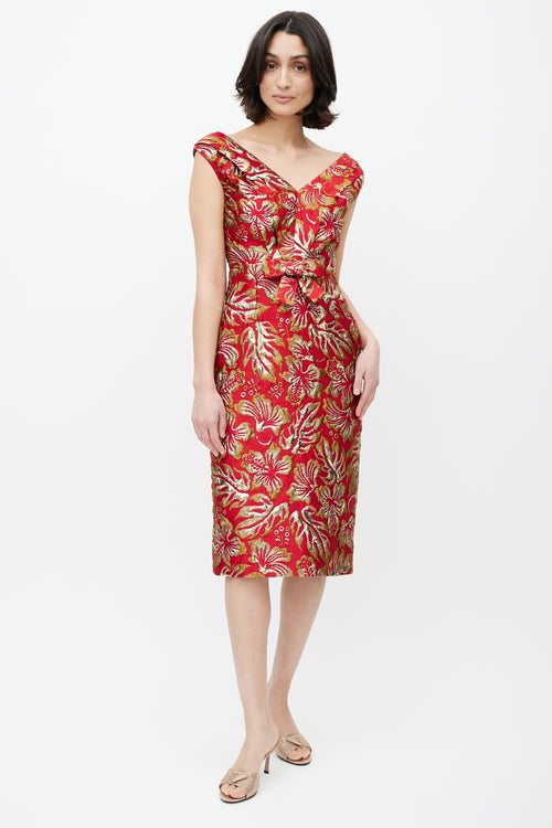 Prada Red & Gold Floral Jacquard Bowtie Dress