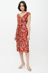 Prada Red & Gold Floral Jacquard Bowtie Dress