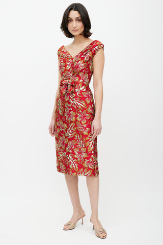 Prada Red & Gold Floral Jacquard Bowtie Dress