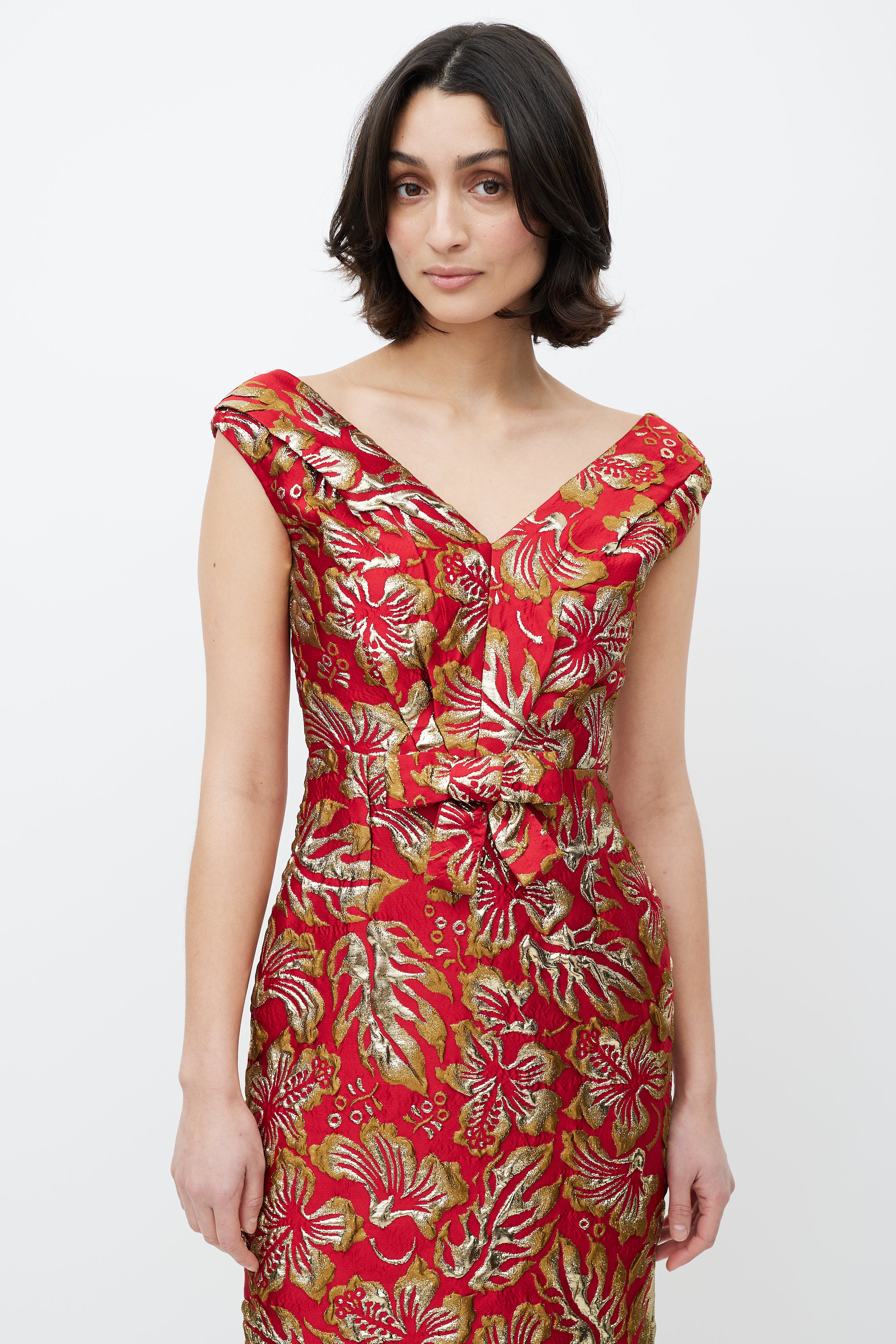 Prada // Red & Gold Floral Jacquard Bowtie Dress VSP Consignment Prada // Red & Gold Floral Jacquard Bowtie Dress VSP Consignment