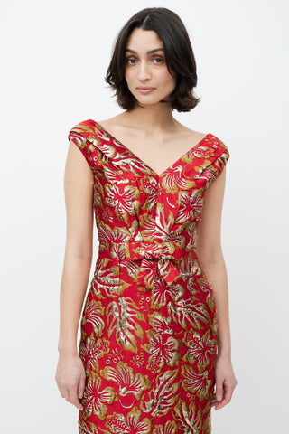 Prada Red & Gold Floral Jacquard Bowtie Dress