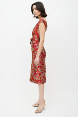 Prada Red & Gold Floral Jacquard Bowtie Dress