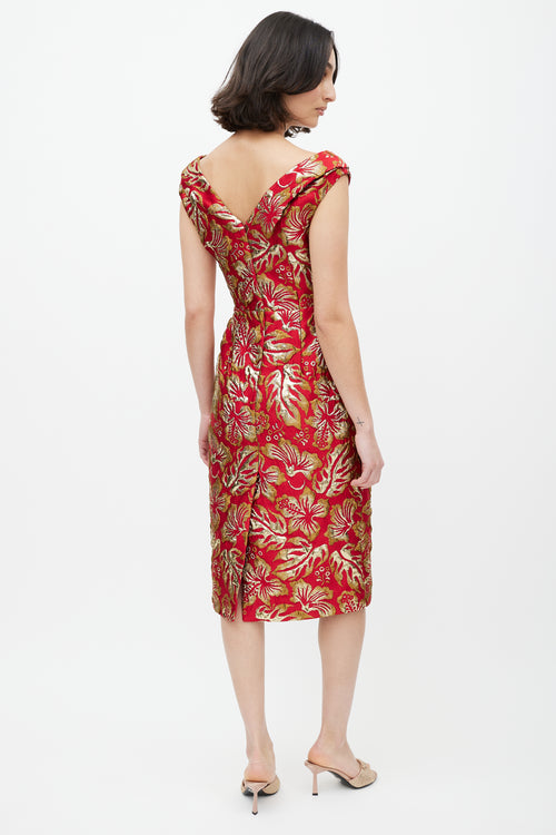 Prada Red & Gold Floral Jacquard Bowtie Dress