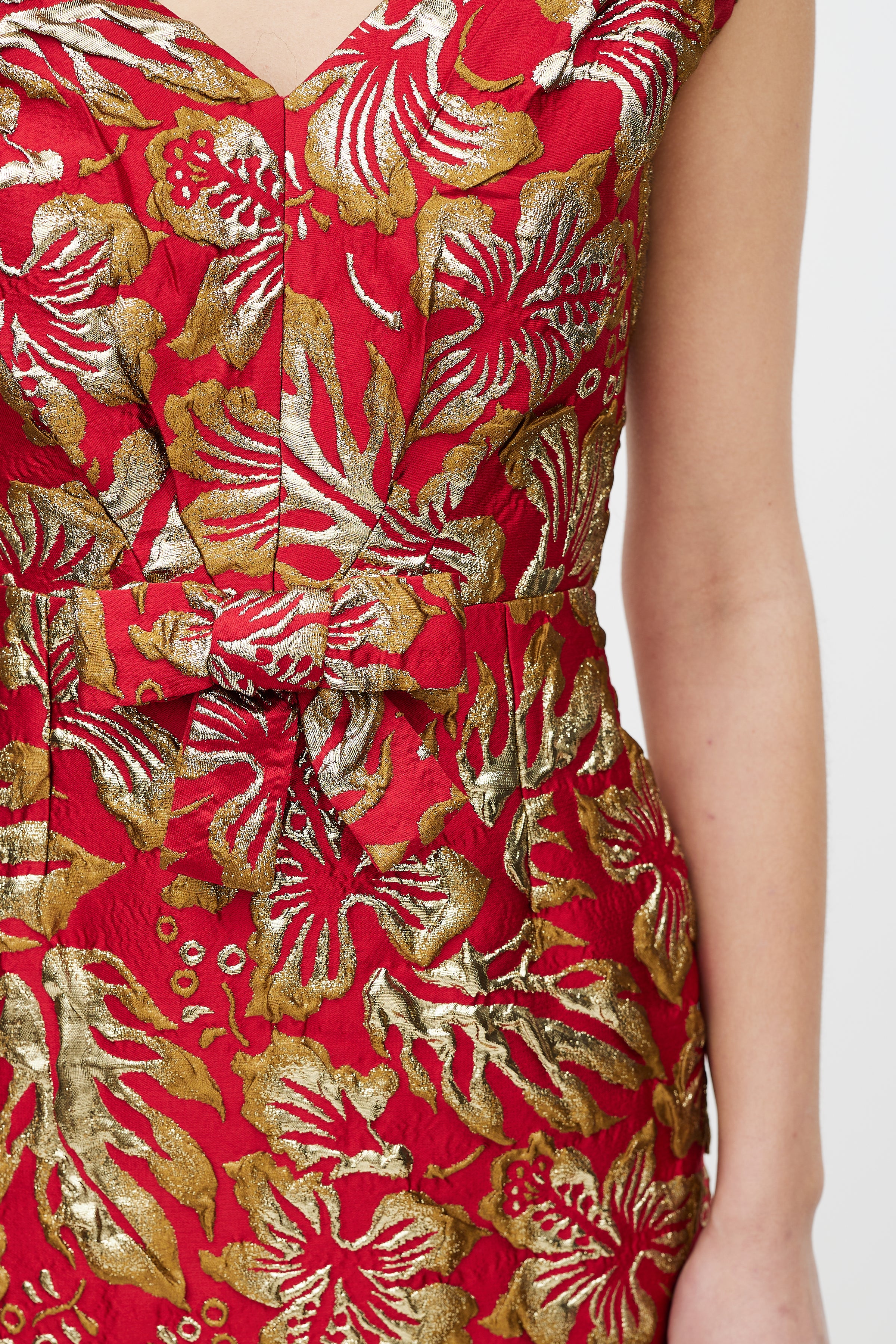 Prada // Red & Gold Floral Jacquard Bowtie Dress VSP Consignment Prada // Red & Gold Floral Jacquard Bowtie Dress VSP Consignment