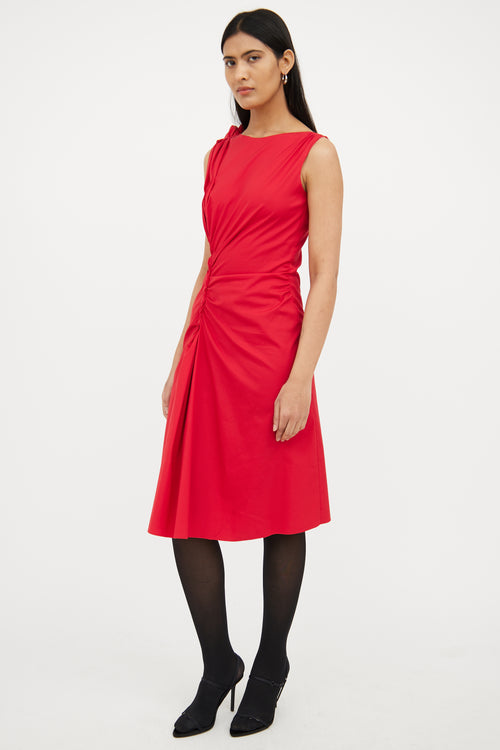 Prada Red Asymetrical Gathered Midi Dress