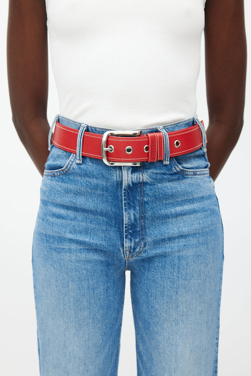 Prada Red & Silver Buckle Leather Belt