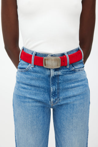 Prada Red & Silver Plate Buckle Suede Belt