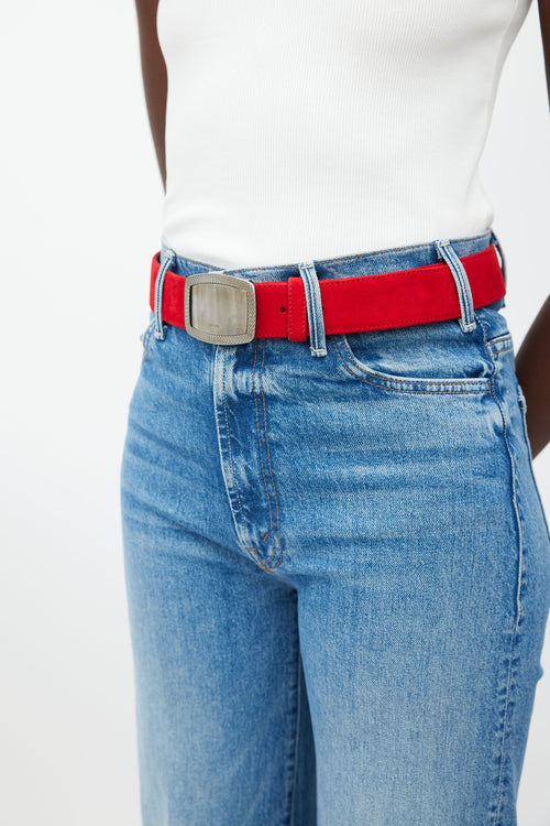Prada Red & Silver Plate Buckle Suede Belt