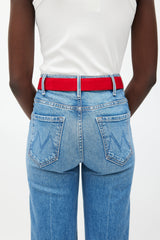 Prada Red & Silver Plate Buckle Suede Belt