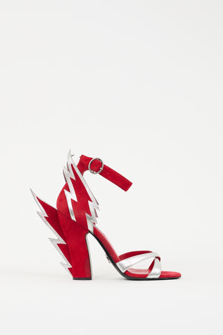 Prada Red Suede & Silver Leather Flame Heel