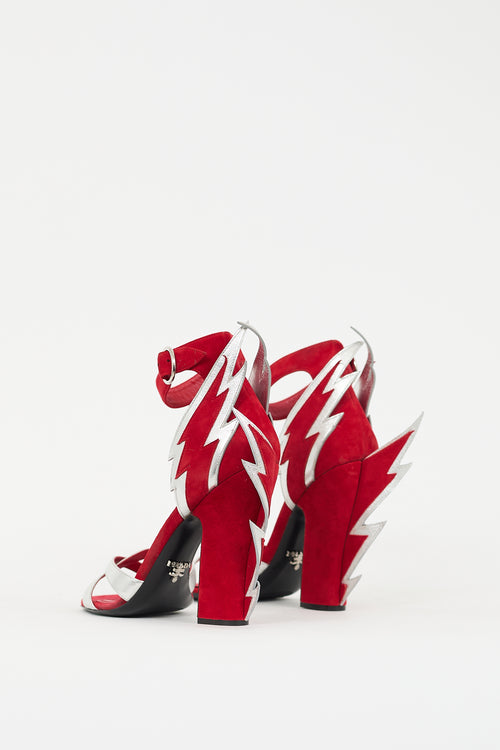 Prada Red Suede & Silver Leather Flame Heel