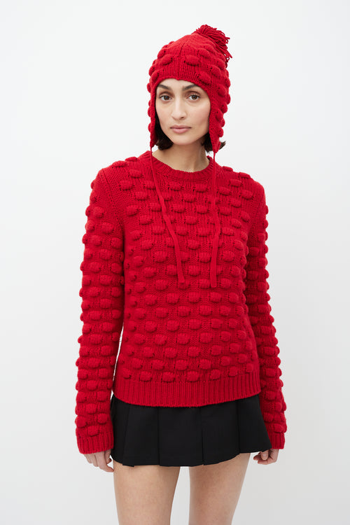 Prada Red Wool Bobble Knit Sweater & Hat Set