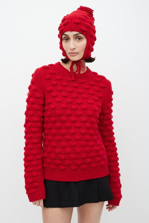 Prada Red Wool Bobble Knit Sweater & Hat Set