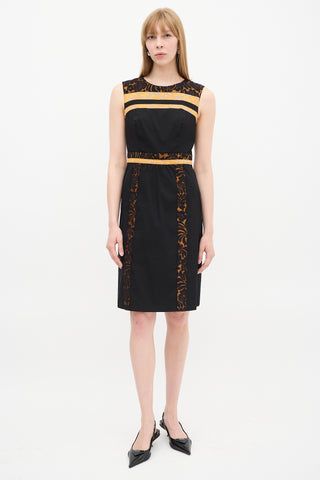 Prada SS 2015 Black & Orange Floral Brocade Trim Dress