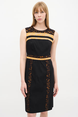 Prada SS 2015 Black & Orange Floral Brocade Trim Dress