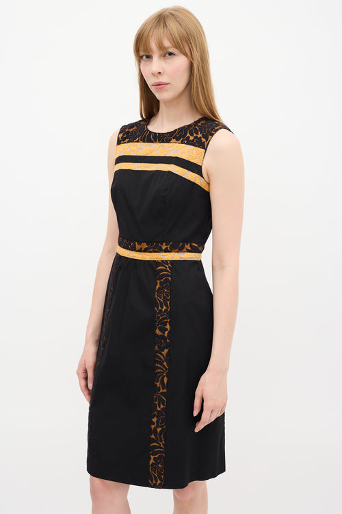 Prada SS 2015 Black & Orange Floral Brocade Trim Dress