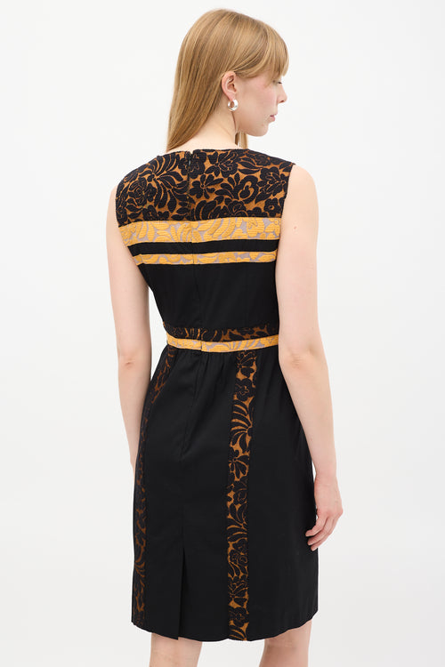 Prada SS 2015 Black & Orange Floral Brocade Trim Dress