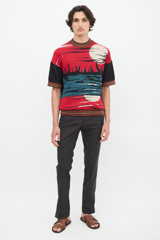 Prada SS 2014 Red & Multicolour Jacquard Short Sleeve Sweater