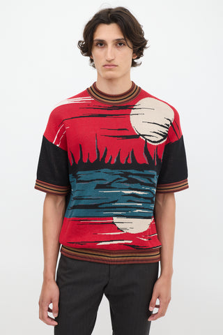 Prada SS 2014 Red & Multicolour Jacquard Short Sleeve Sweater