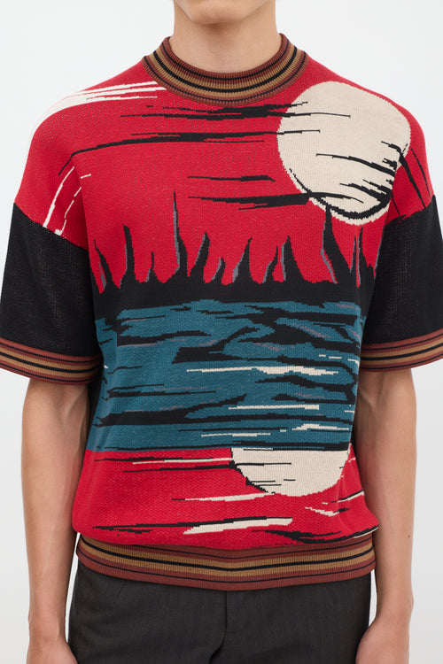 Prada SS 2014 Red & Multicolour Jacquard Short Sleeve Sweater