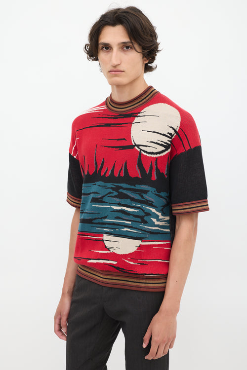 Prada SS 2014 Red & Multicolour Jacquard Short Sleeve Sweater