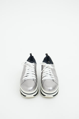 Prada Silver & White Leather Striped Platform Sneaker