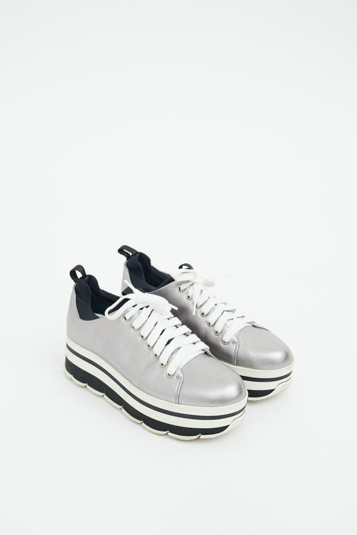 Prada Silver & White Leather Striped Platform Sneaker