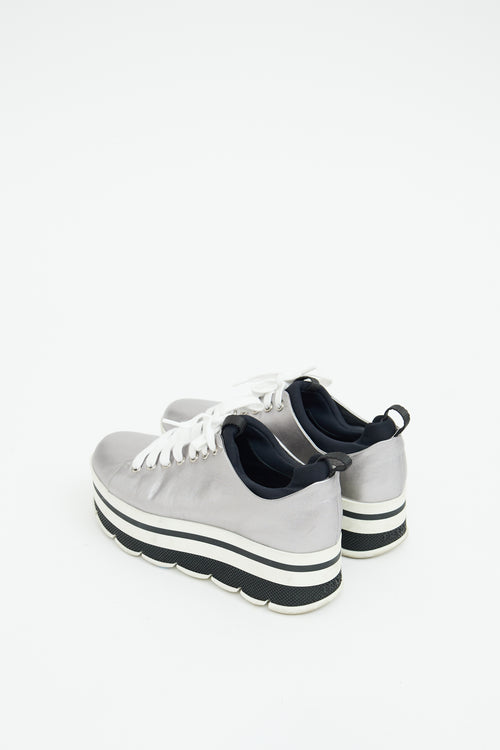 Prada Silver & White Leather Striped Platform Sneaker