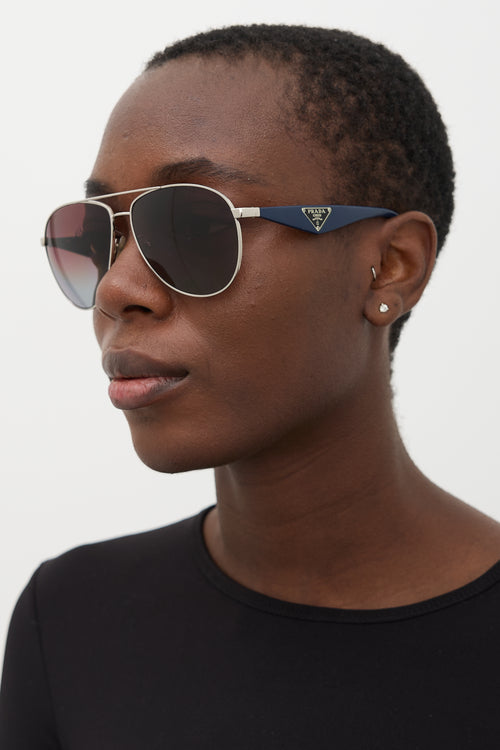 Prada Silver & Navy SPR53Q Aviator Sunglasses