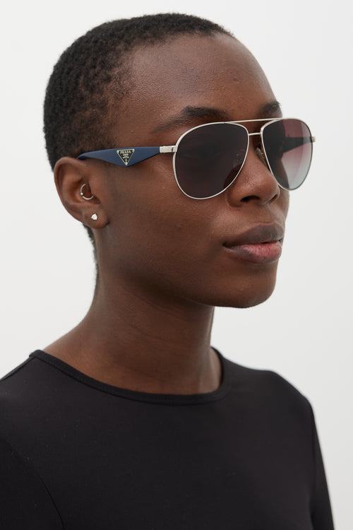 Prada Silver & Navy SPR53Q Aviator Sunglasses