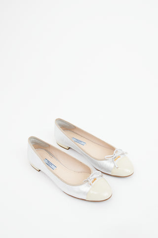 Prada Silver & Cream Cap Toe Ballet Flat