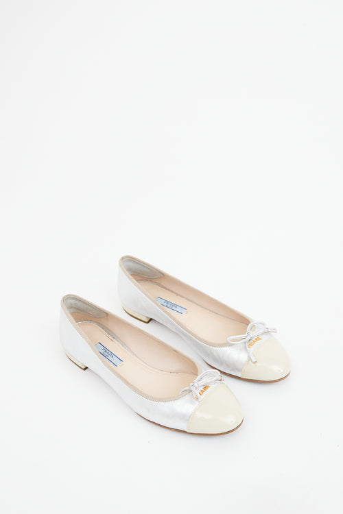 Prada Silver & Cream Cap Toe Ballet Flat