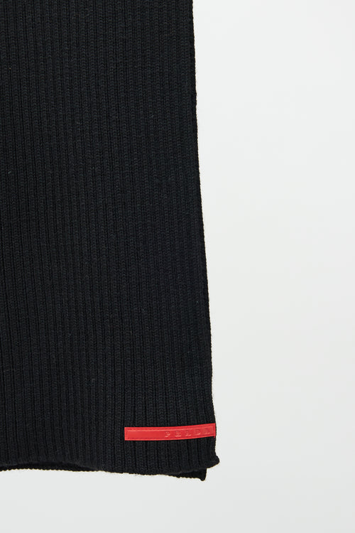 Prada Black Ribbed Knit Logo Scarf