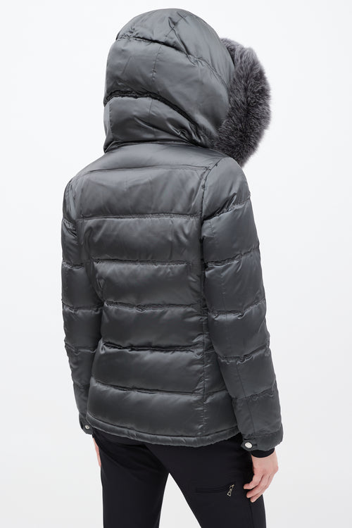 Prada Sport Dark Grey Nylon Fur Hood Down Puffer Jacket