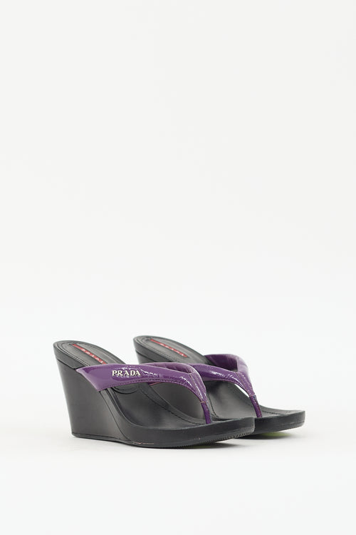 Prada Sport Purple & Black Patent Leather Wedge Sandal