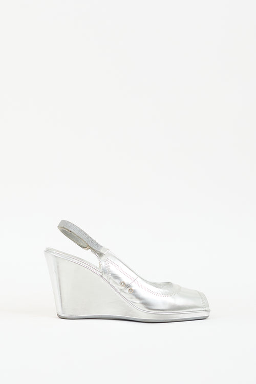 Prada Sport Silver Metallic Leather Slingback Wedge Heel