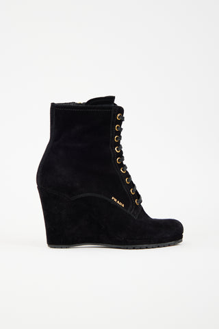 Prada Suede Lace Up Wedge Boot