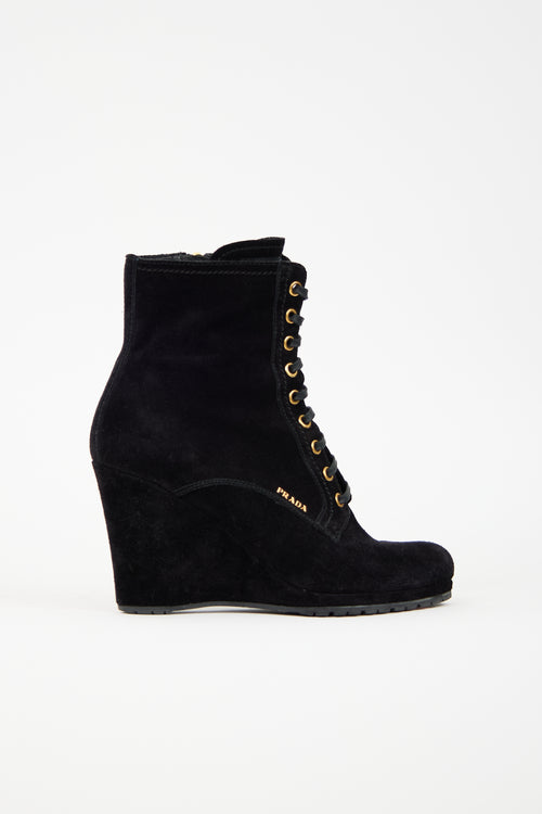 Prada Suede Lace Up Wedge Boot