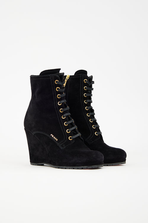 Prada Suede Lace Up Wedge Boot