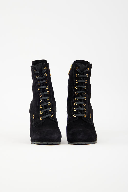 Prada Suede Lace Up Wedge Boot