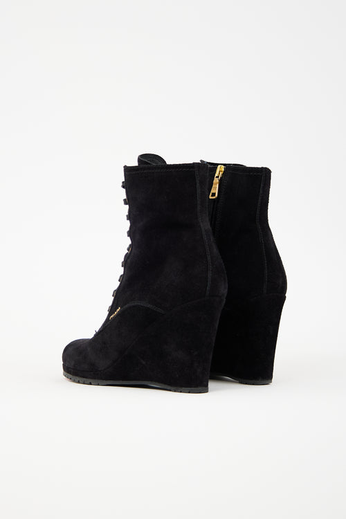 Prada Suede Lace Up Wedge Boot