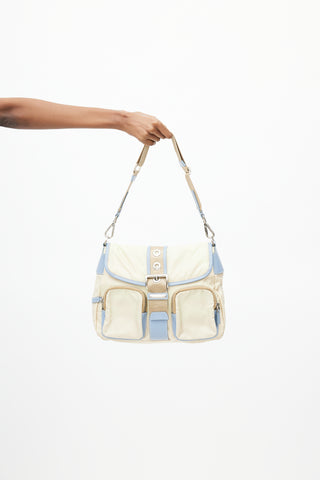Prada Vintage Beige & Blue Nylon Shoulder Bag