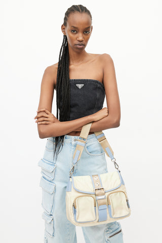 Prada Vintage Beige & Blue Nylon Shoulder Bag